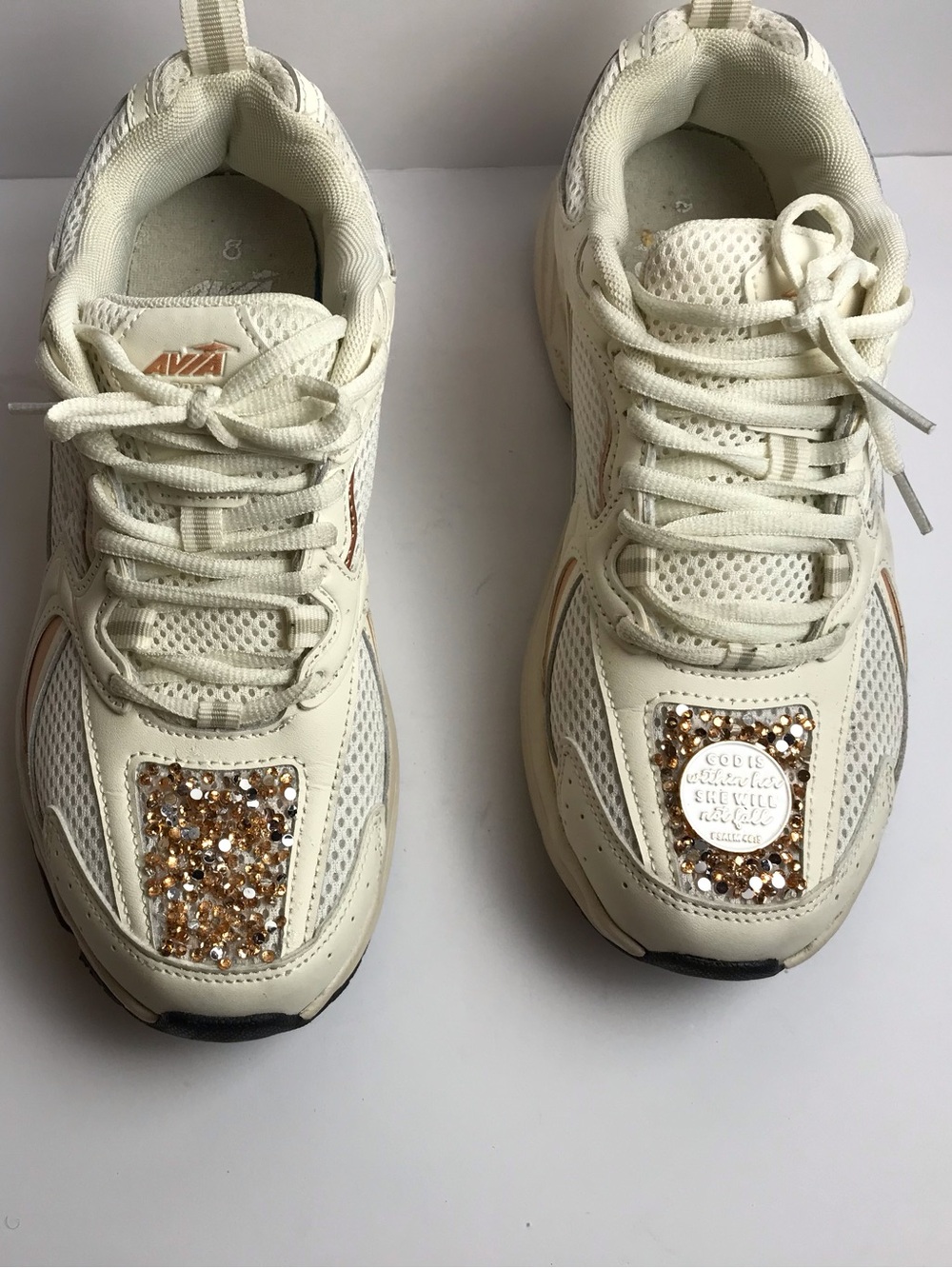 Avia Cream Lace-Up Platform Sneakers with Gold Crystal Accents